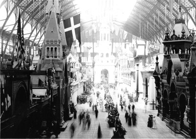 The exhibit hall inside the Manufactures and Liberal Arts Building of the Chicago World's Fair. Photograph by Hemming Hultgren's grandfather, 1893, via Wikipedia Commons.