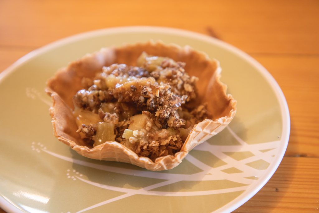 rhubarb crumble in a waffle dish